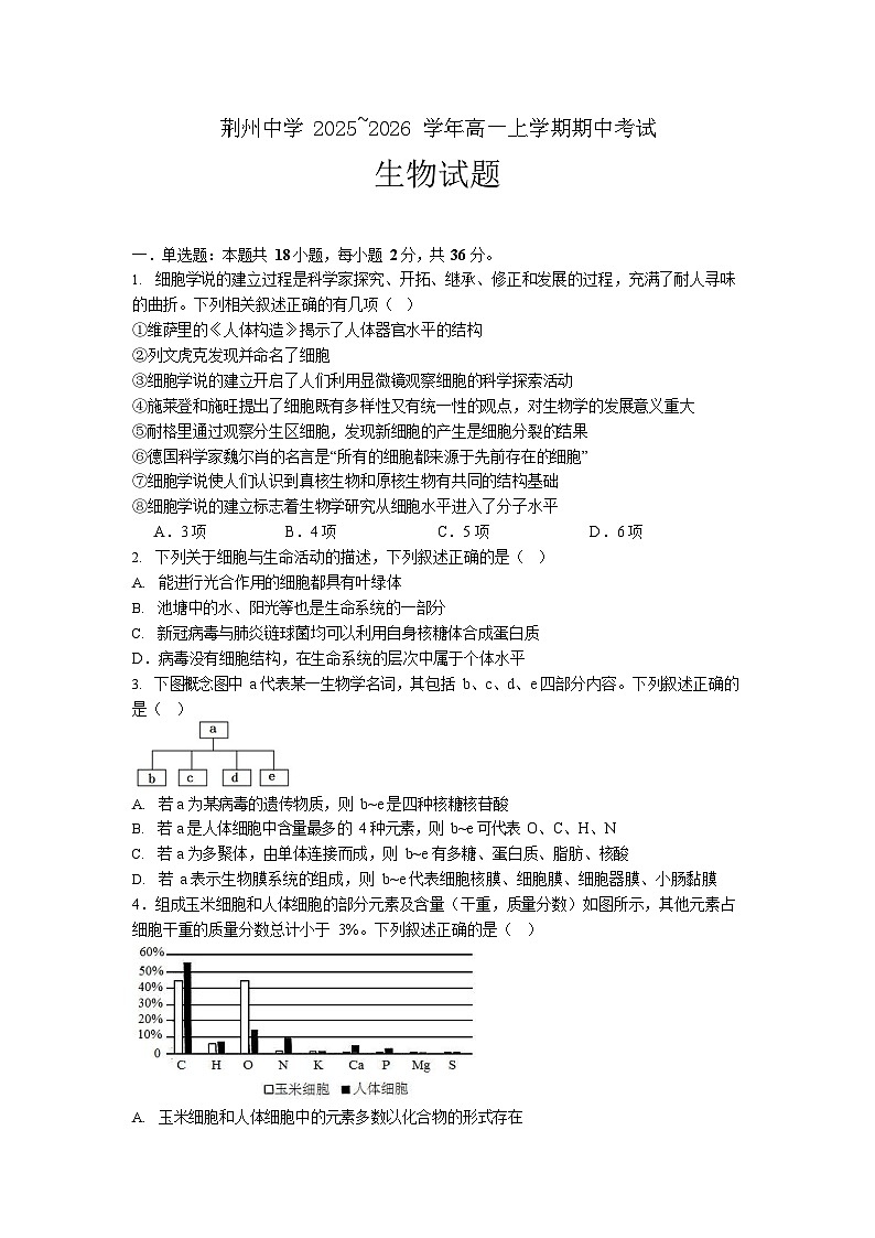 湖北省荆州中学2025-2026学年高一上学期11月期中考试生物试卷第1页
