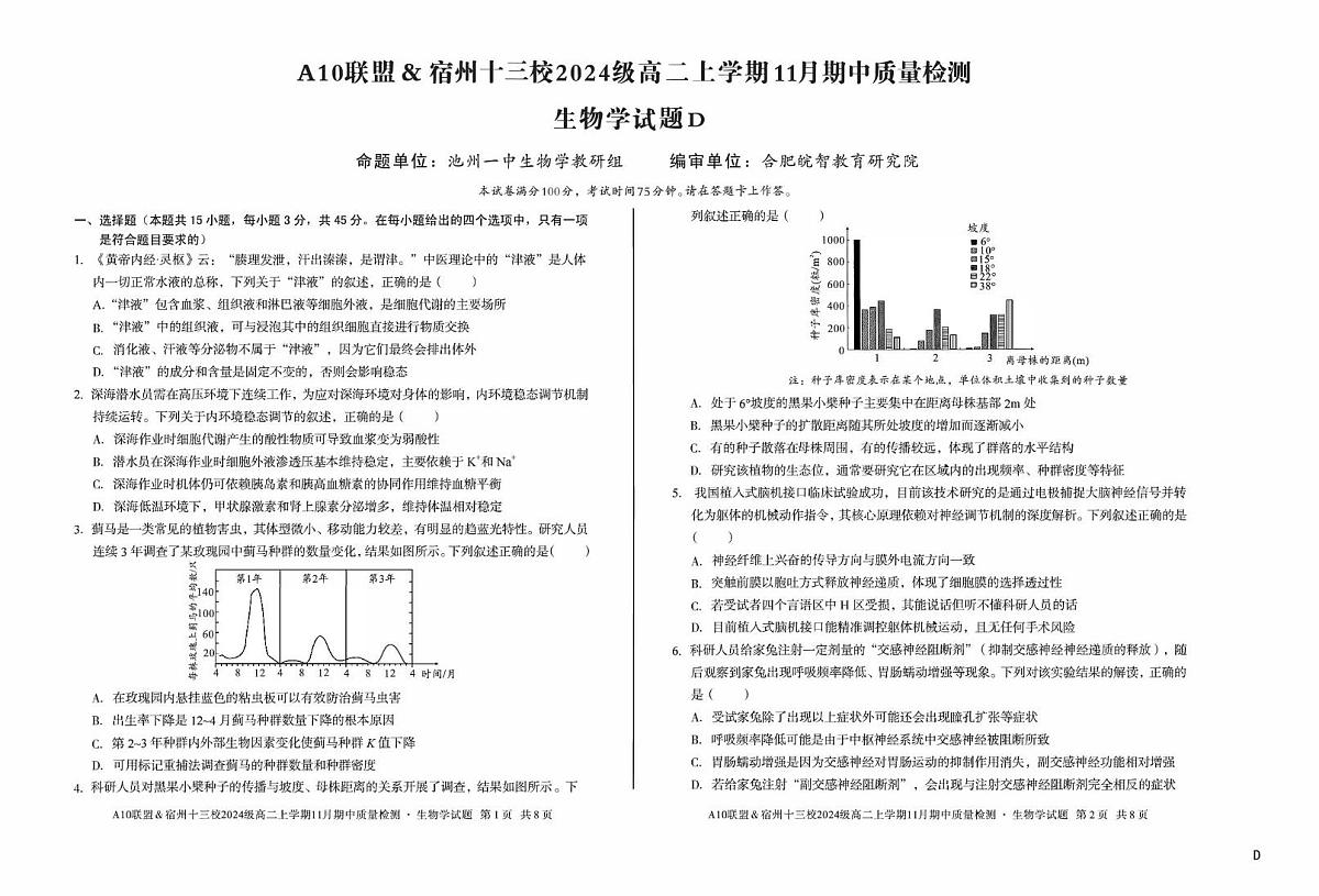 A10联盟＆宿州十三校2025-2026学年高二上学期11月期中质量检测生物学试题第1页