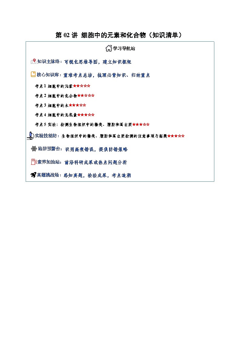 第02讲 细胞中的元素和化合物 Word版含解析第1页
