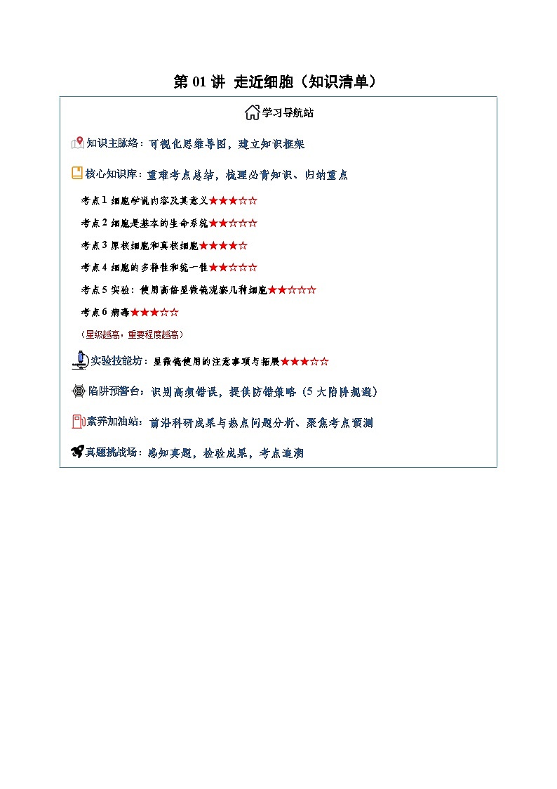 第01讲 走近细胞 Word版含解析第1页