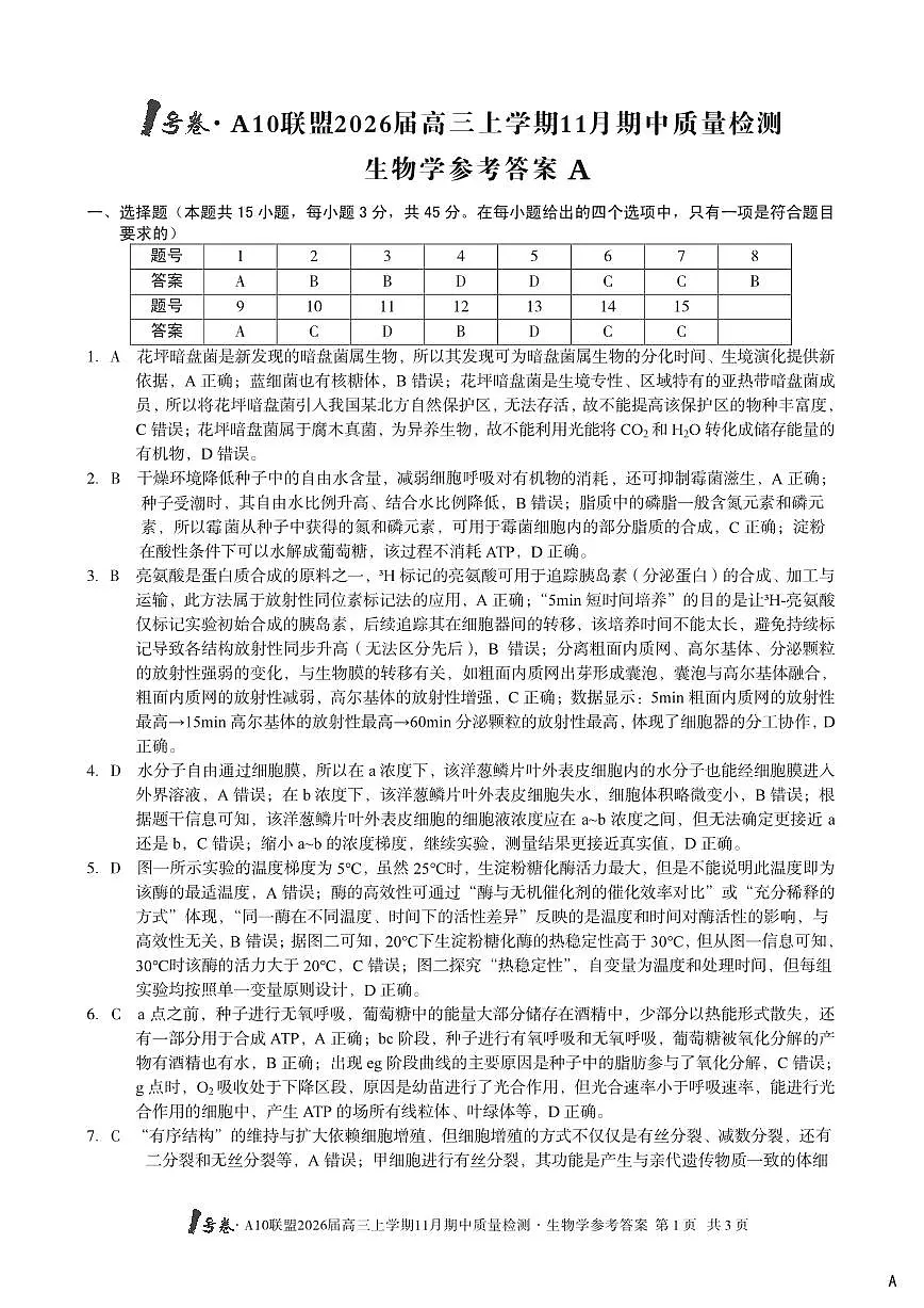 【生物学答案】（A卷）1号卷·A10联盟2026届高三上学期11月期中质量检测生物学答案A第1页