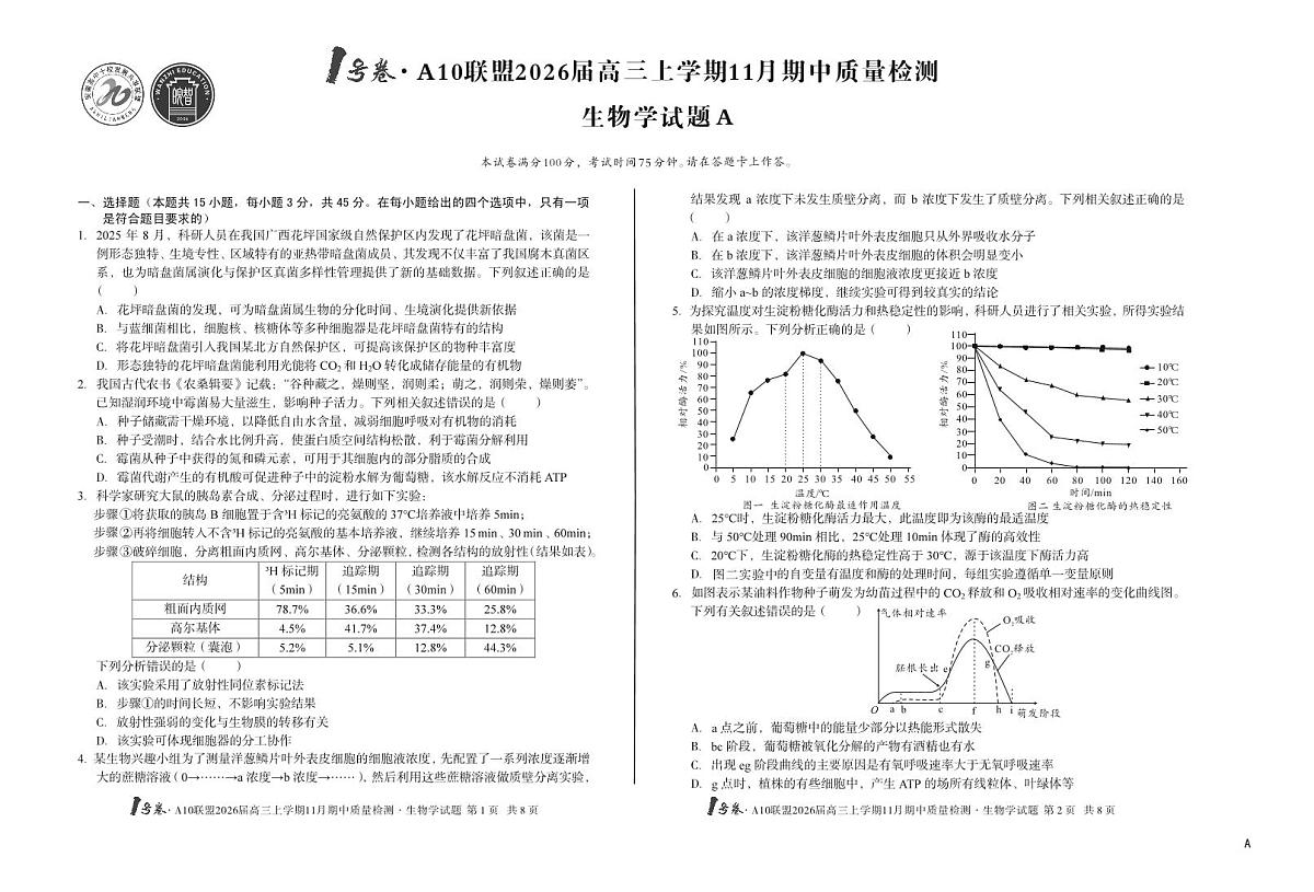 安徽1号卷A10联盟2026届高三上学期11月期中质量检测生物试卷（含答案）第1页