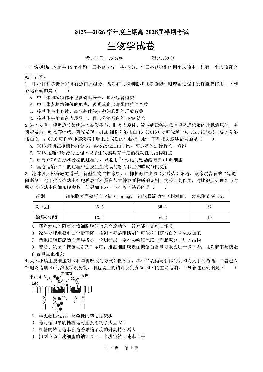 成都市第七中学2025-2026学年高三上学期11月半期考试生物第1页
