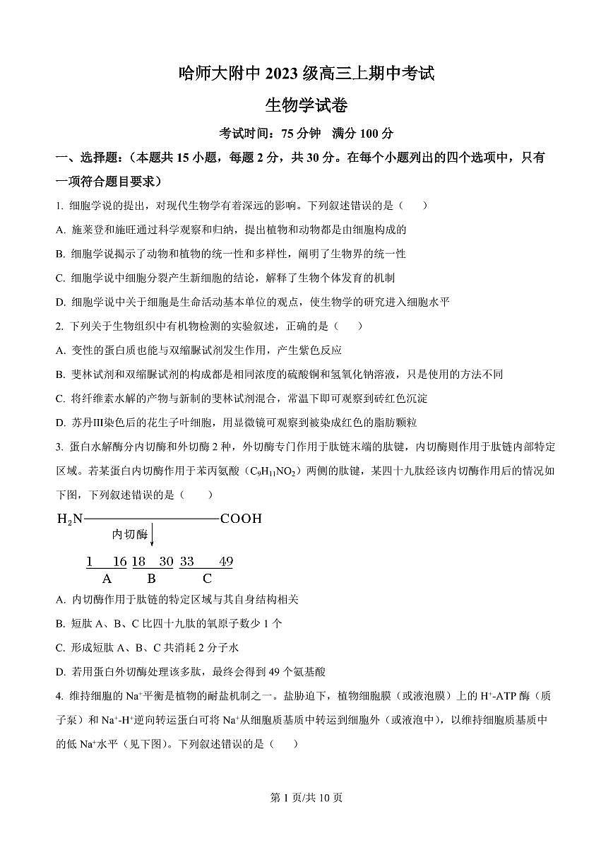 精品解析：黑龙江省哈尔滨师范大学附属中学2025-2026学年高三上学期期中考试生物试题（原卷版）第1页