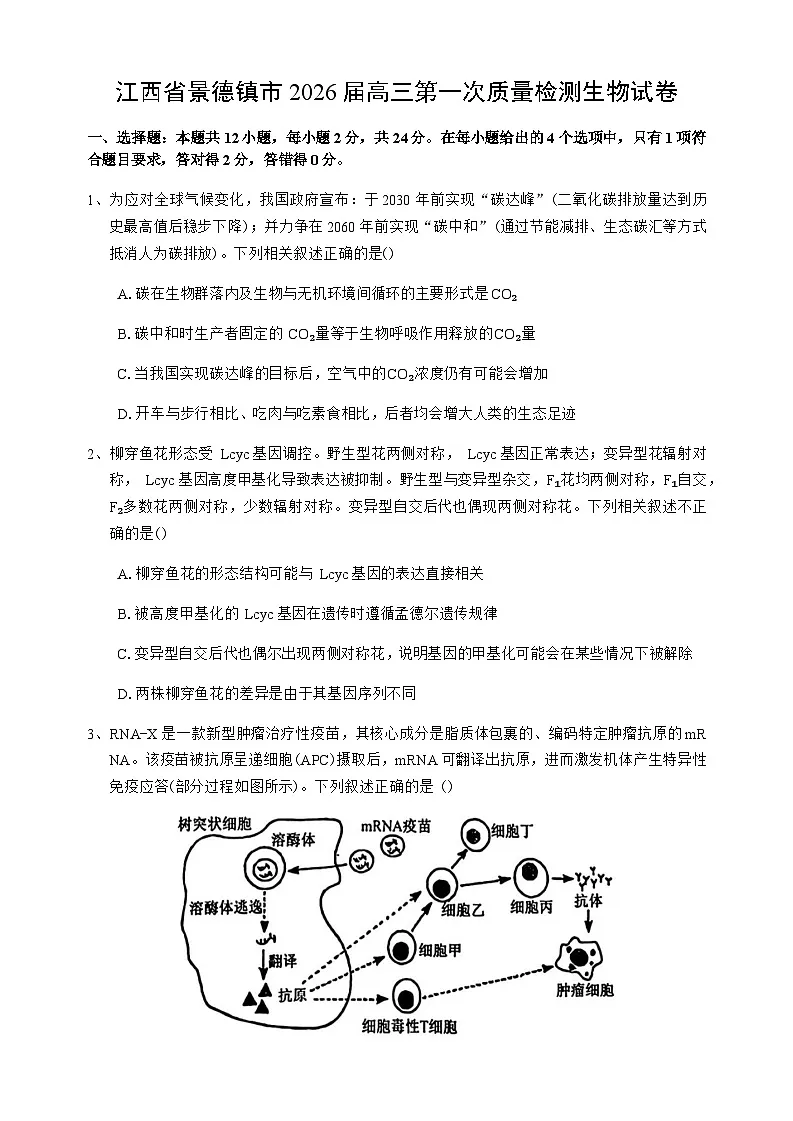江西省景德镇市2026届高三上学期高考一模生物试卷（含答案）第1页