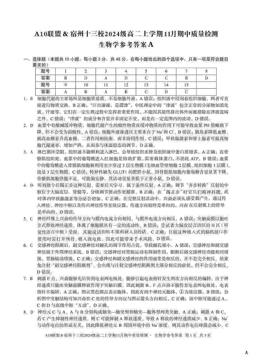 【生物学答案】（A卷）A10联盟＆宿州十三校2024级高二上学期11月期中质量检测生物学答案A第1页