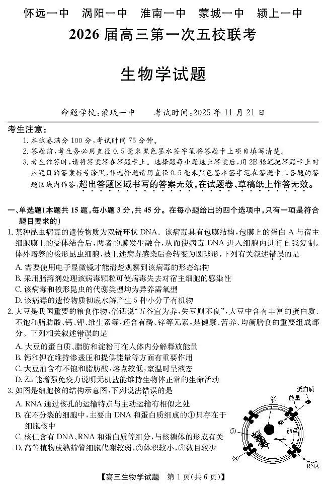 生物-安徽省五校联盟2026届高三年级上学期11月第一次五校联考试题及答案第1页