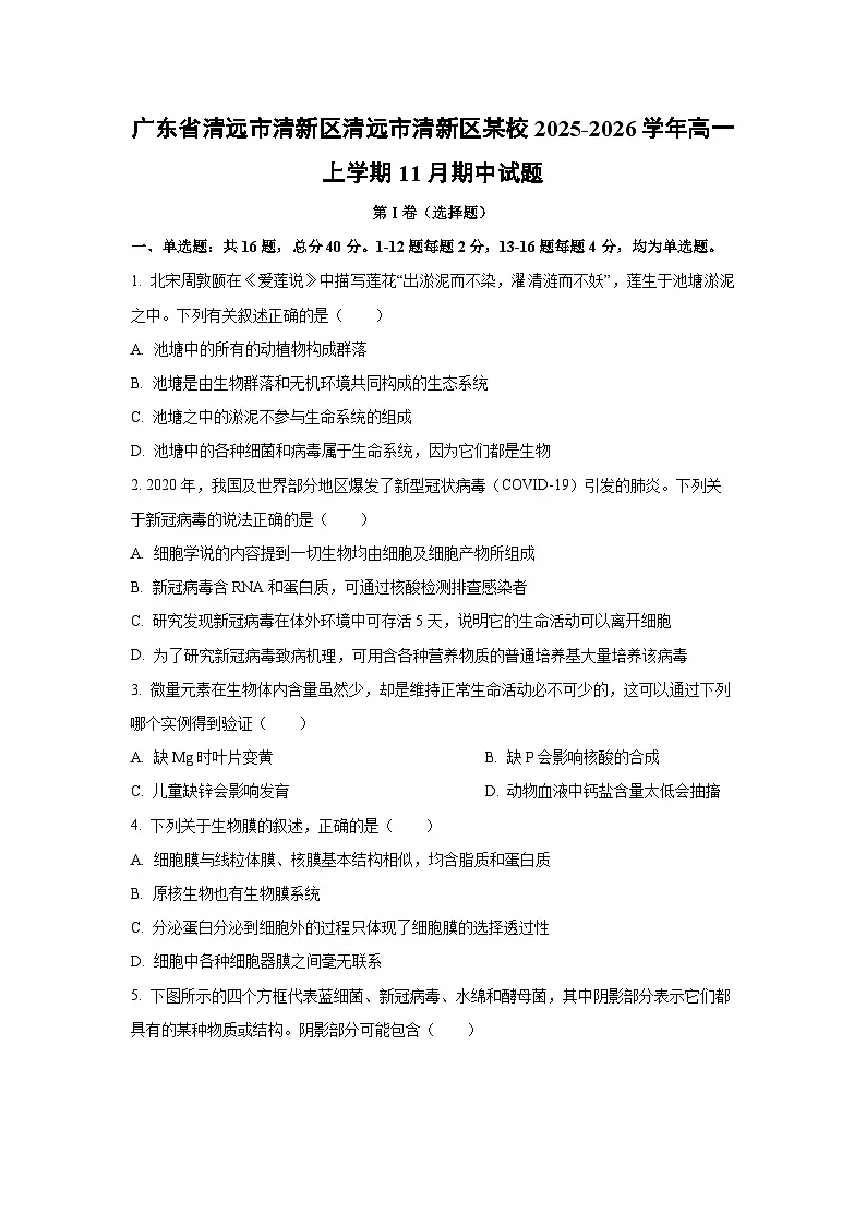 广东省清远市清新区清远市清新区某校2025-2026学年高一上学期11月期中生物试题（学生版）第1页