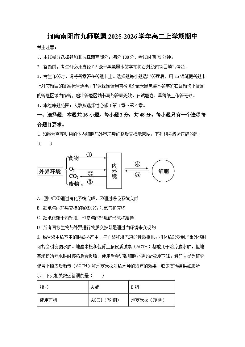 河南南阳市九师联盟2025-2026学年高二上学期期中生物试卷（学生版）第1页