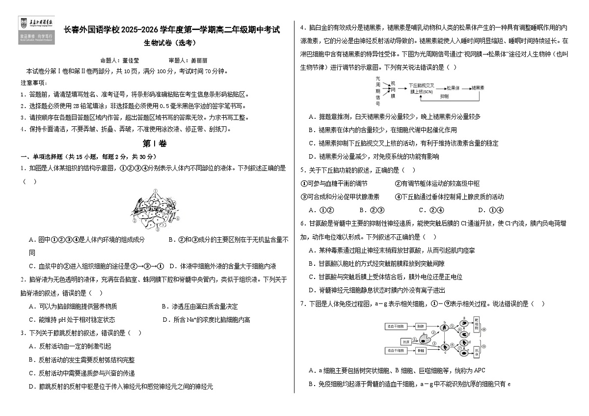 吉林省长春外国语学校2025-2026学年高二上学期期中考试生物试卷（Word版附答案）第1页