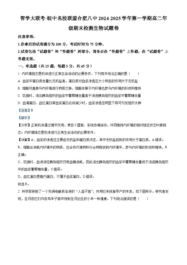 安徽省合肥市合肥第八中学2024-2025学年高二上学期期末生物试题（解析版）-A4第1页