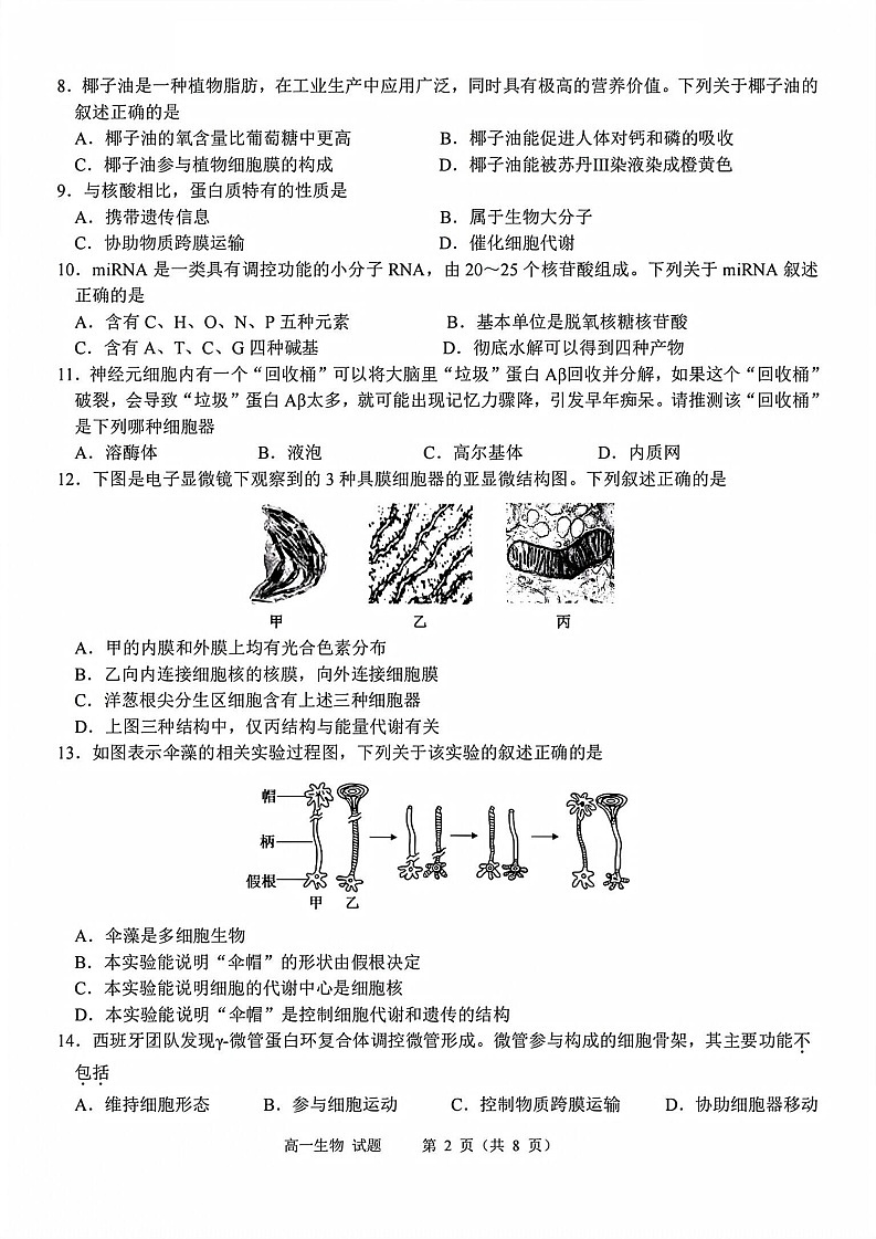 浙江衢州五校联盟2025-2026学年高一上学期11月期中考试生物试卷第2页