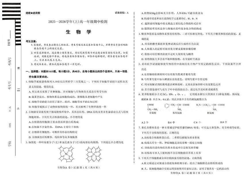 河南省天一联考2025-2026学年高一上学期11月期中生物试题第1页