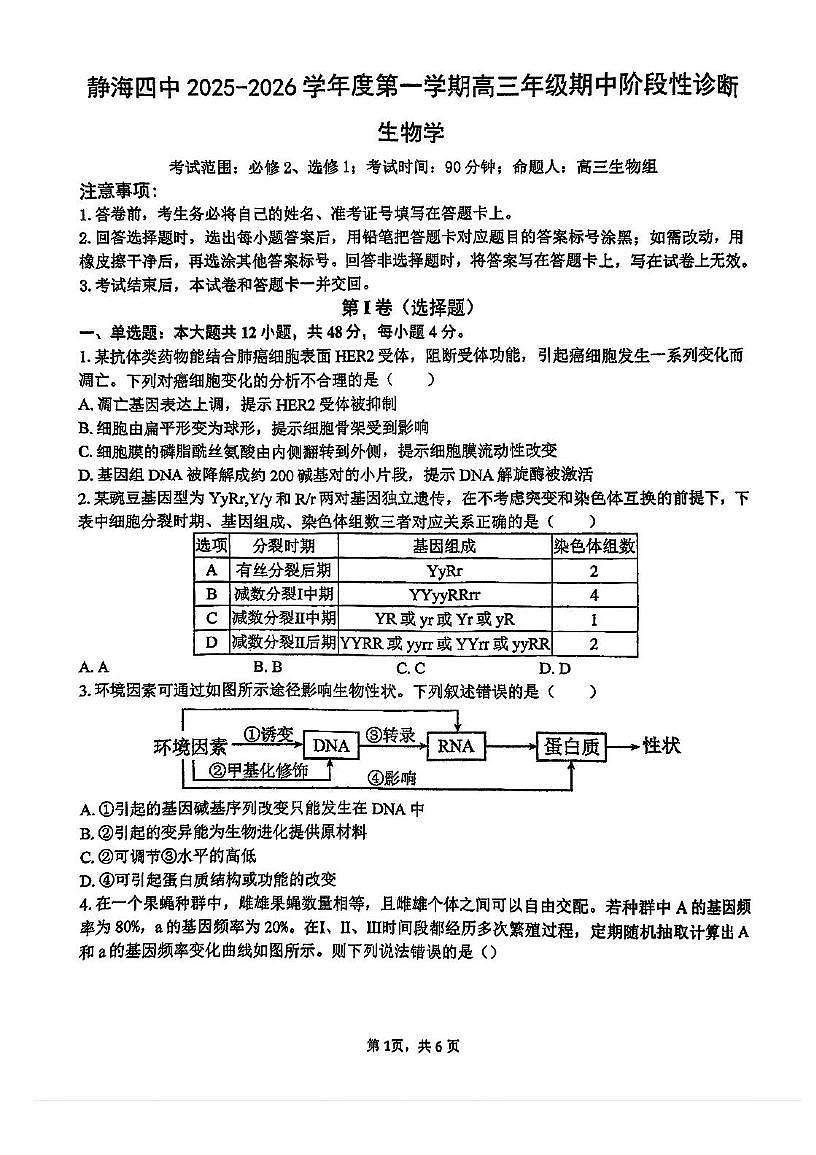 天津市静海区第四中学2025—2026学年高三上学期期中考试生物试题第1页