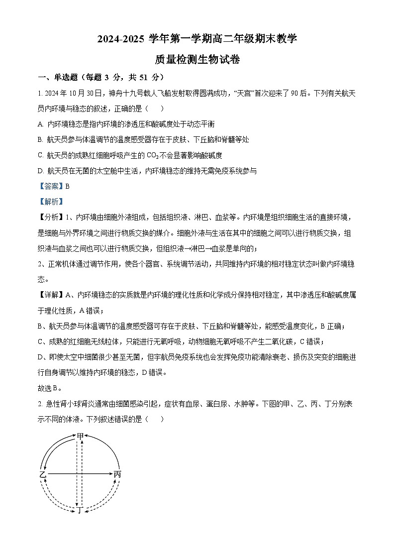 安徽省阜阳市临泉田家炳实验中学2024-2025学年高二上学期1月期末考试生物试题（解析版）-A4第1页