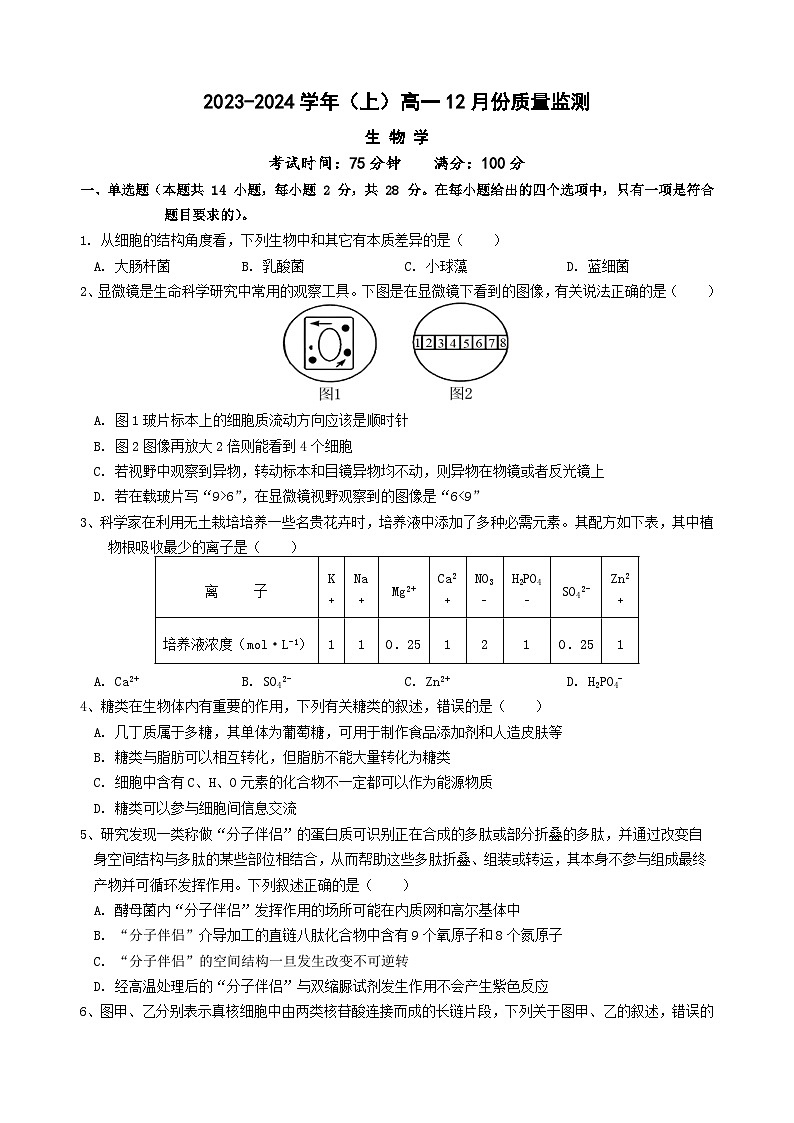 江苏省南通市某校2023-2024学年高一上学期12月质量监测生物试题第1页