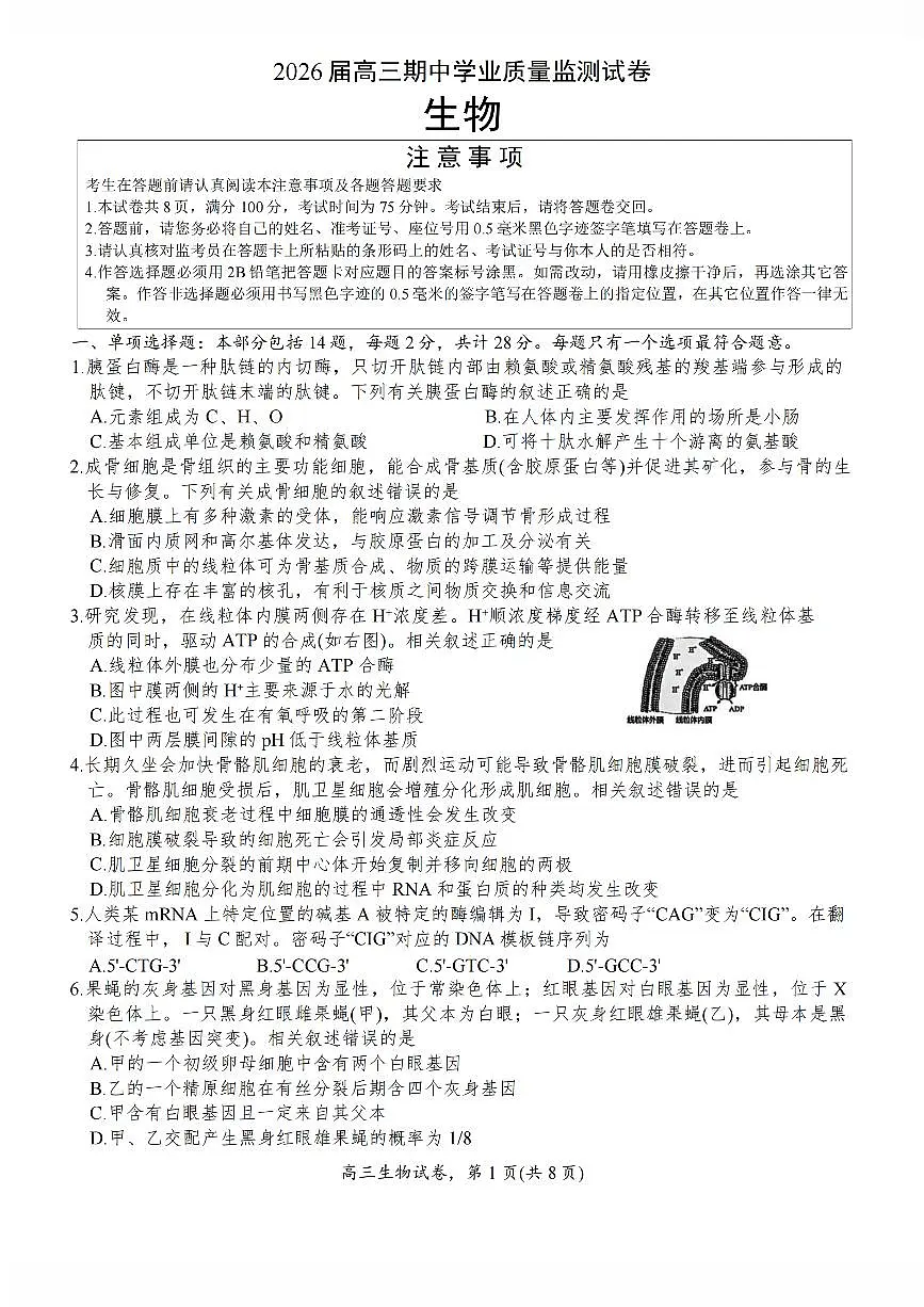 江苏省南通市海安市2026届高三年级上学期期中学业质量监测生物试卷（含答案）第1页