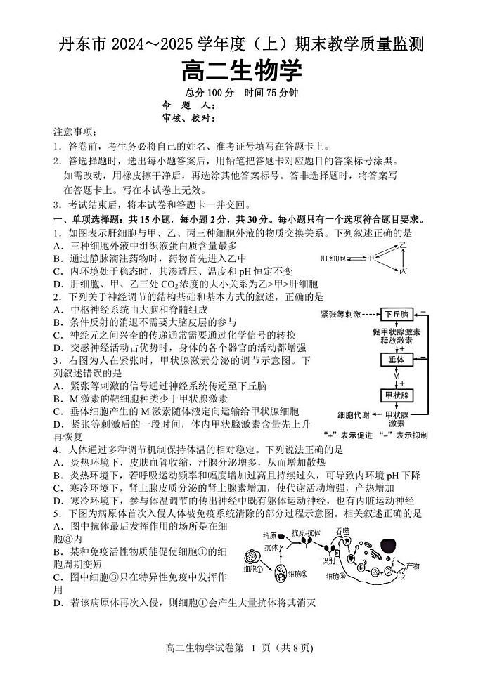 辽宁省丹东市2024-2025学年高二上学期期末教学质量调研测试生物试卷第1页