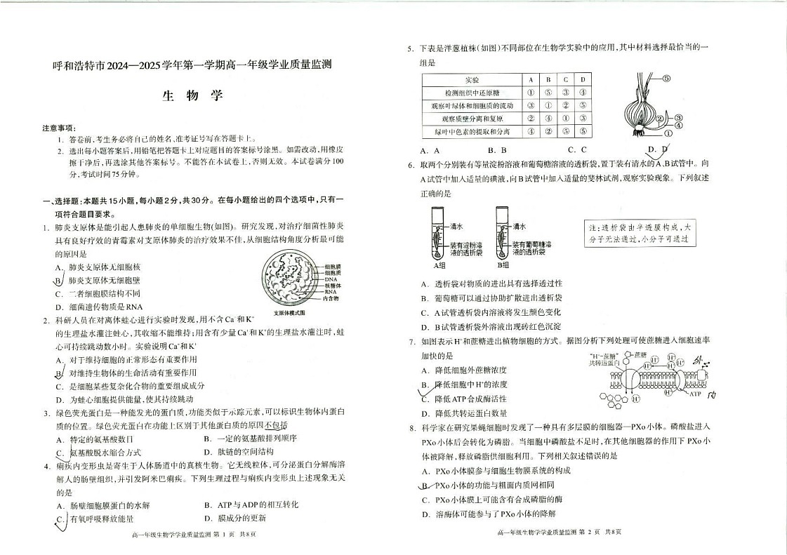 内蒙古呼和浩特市2024-2025学年高一上学期期末学业质量监测考试生物试卷第1页
