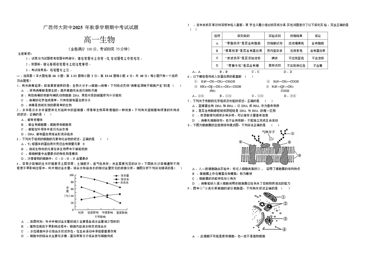 广西桂林师大附中2025-2026学年高一上学期11月期中考试生物试卷第1页