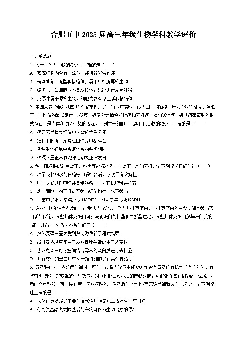 安徽省合肥市五中2024-2025学年高三上学期11月月考生物试题第1页