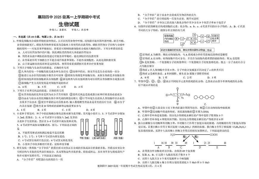 湖北省襄阳市第四中学2025-2026学年高一上学期期中考试生物试题第1页
