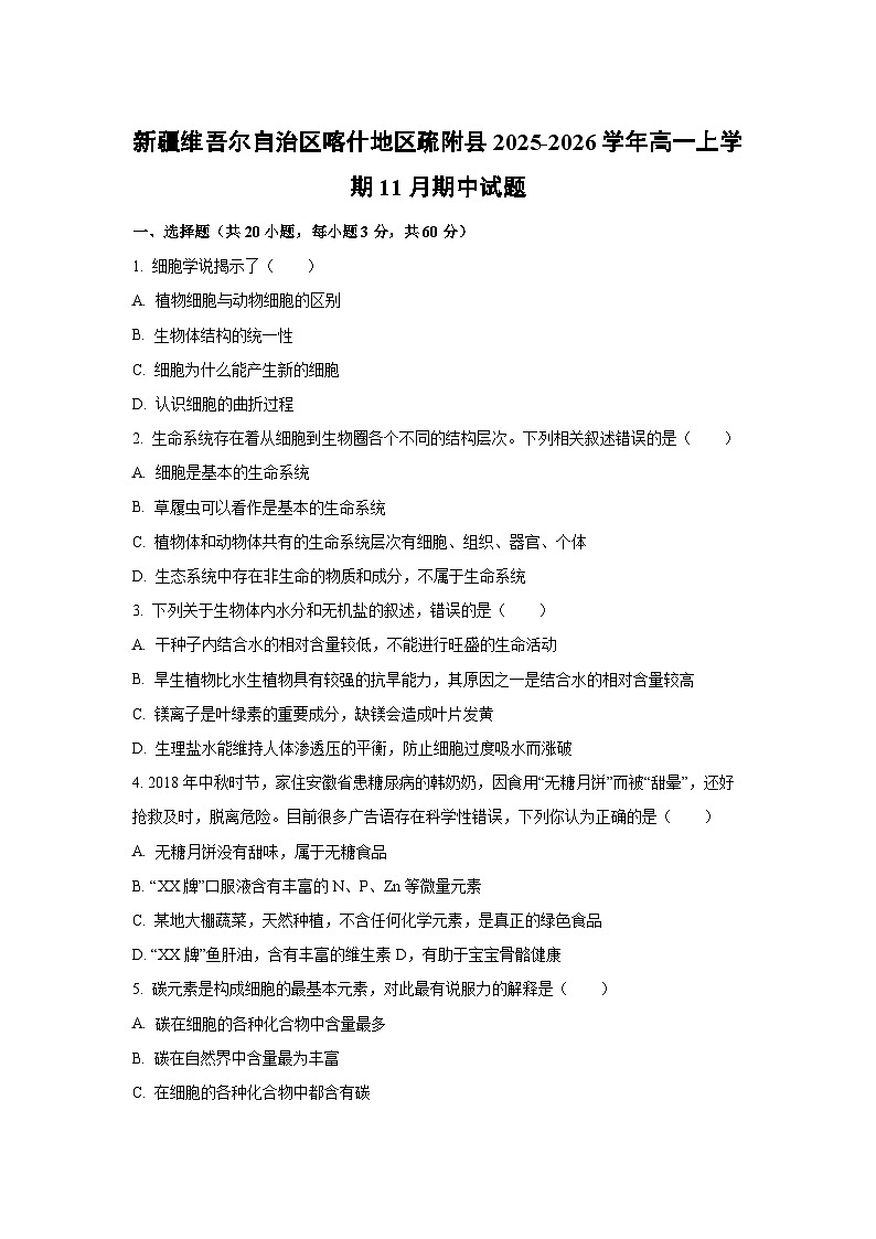 新疆维吾尔自治区喀什地区疏附县2025-2026学年高一上学期11月期中生物试卷（学生版）第1页
