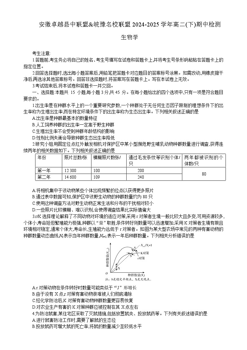 安徽省卓越县中联盟&皖豫名校联盟期中检测2024-2025学年高二下学期4月期中考试生物试题-A4第1页
