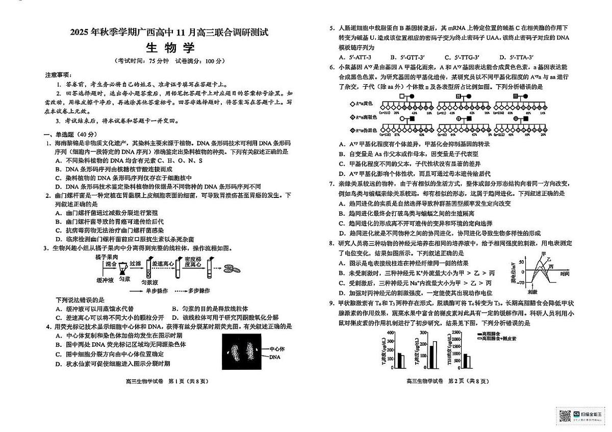 2026届广西壮族自治区高三模拟预测生物试题（高考模拟）第1页