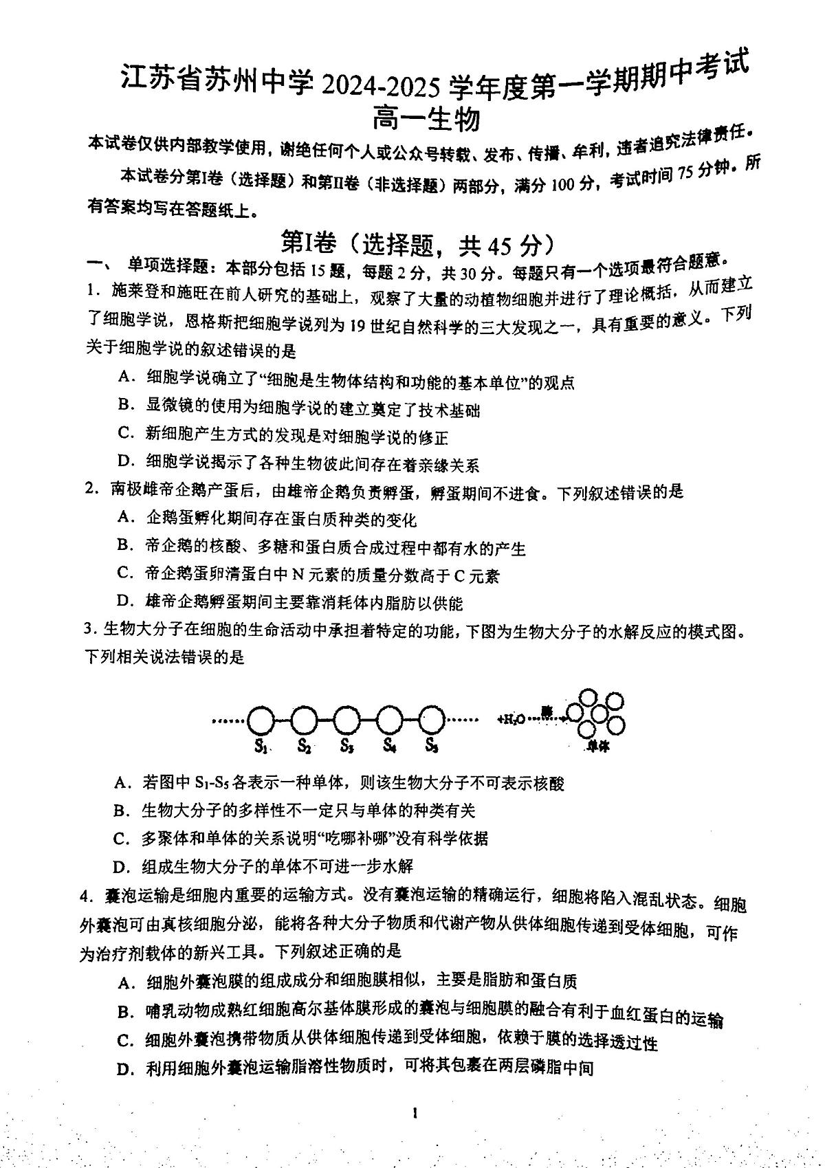 江苏省苏州市中学校2024-2025学年高一上学期11月期中生物试题第1页