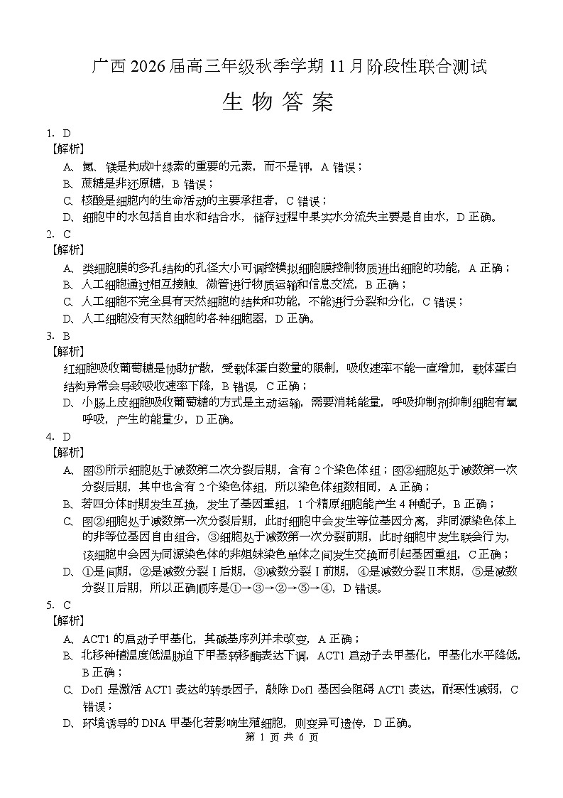 广西邕衡2025年11月高三联考生物 邕衡2025年11月高三联考生物答案第1页
