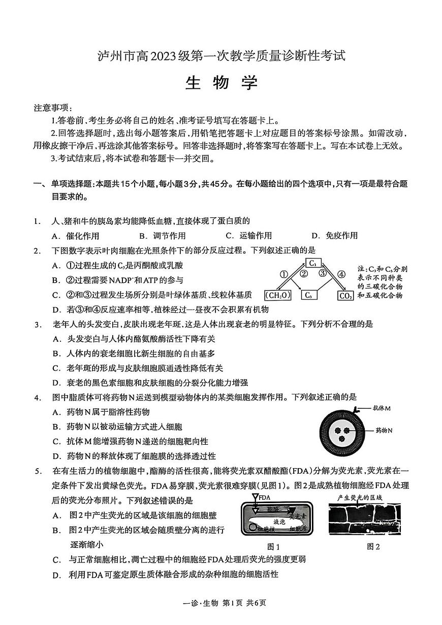 泸州市高2023级第一次教学质量诊断性考试生物学第1页