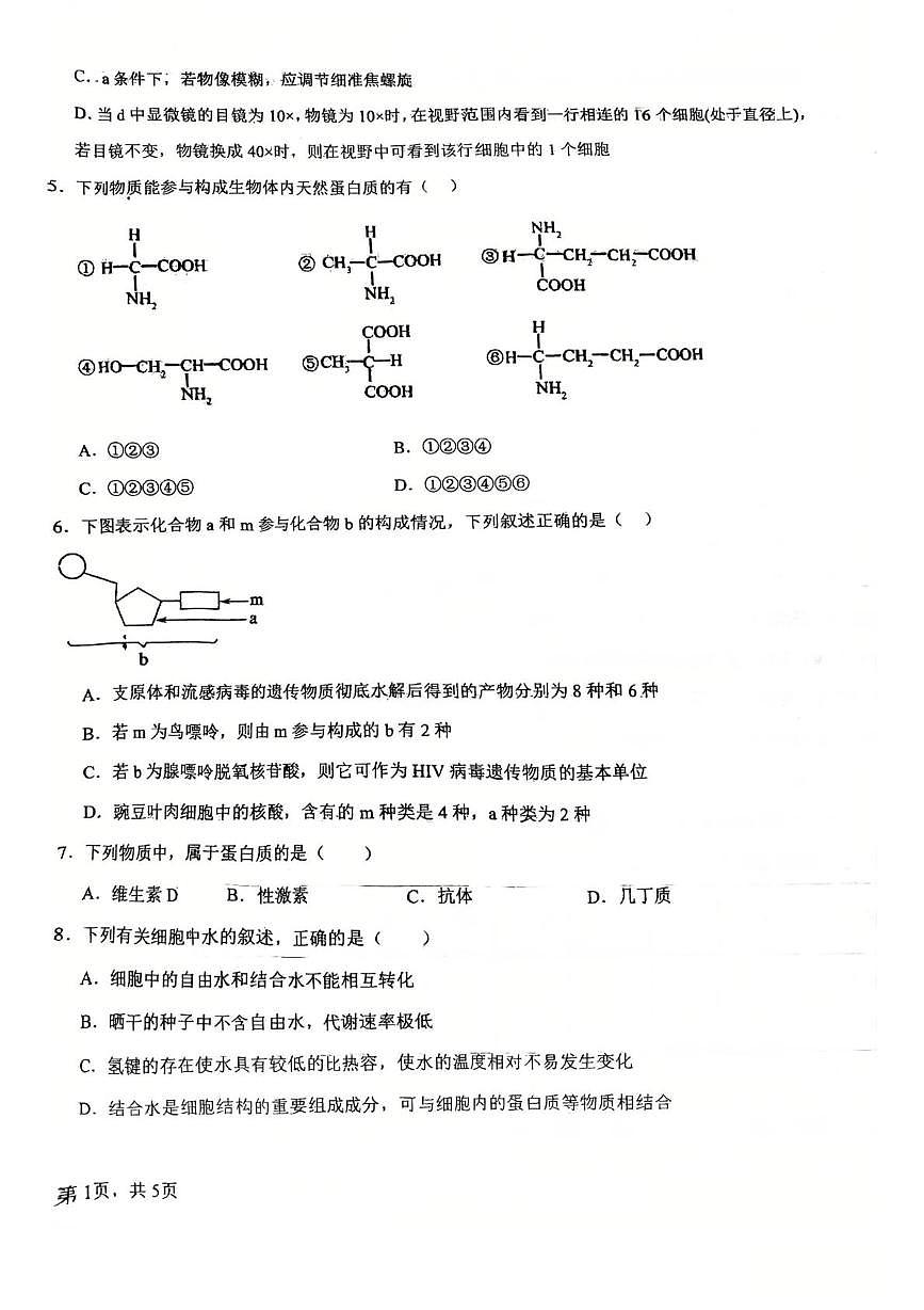 天津市南开区43中2025-2026学年高一上学期期中考试生物试卷第2页