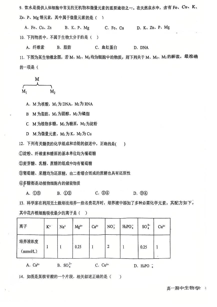 天津市南开区43中2025-2026学年高一上学期期中考试生物试卷第3页