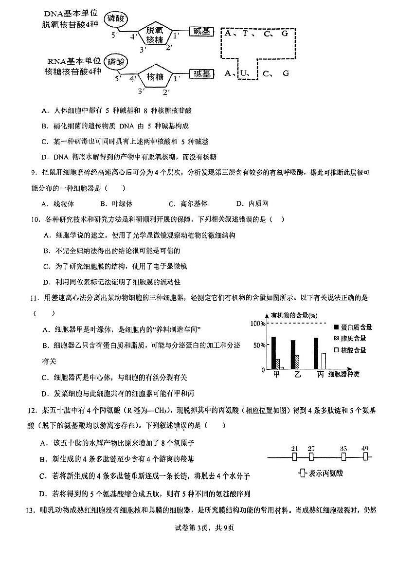 天津市南开区天津中学2025-2026学年高一上学期期中考试生物试卷第3页