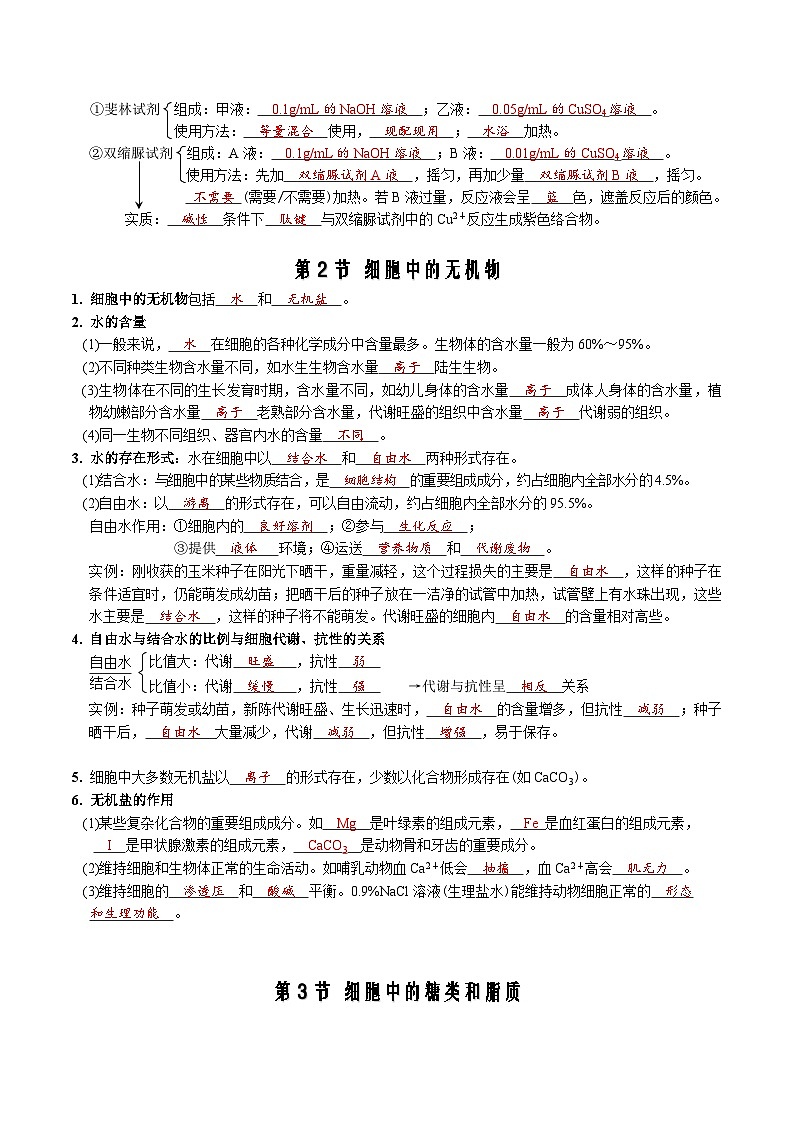 第2章 组成细胞的分子-【必背知识】高一生物章节知识梳理（人教版必修第一册）（背诵版）第2页
