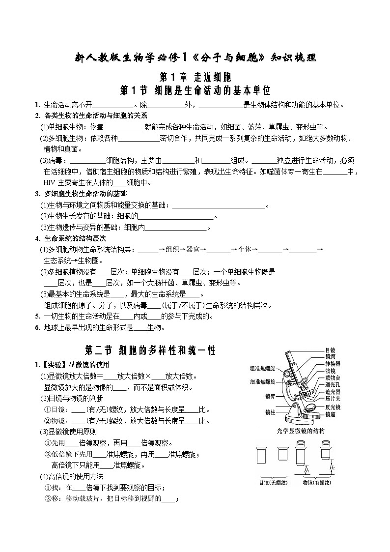 第1章 走近细胞-【必背知识】高一生物章节知识梳理（人教版必修第一册）（填空版）第1页