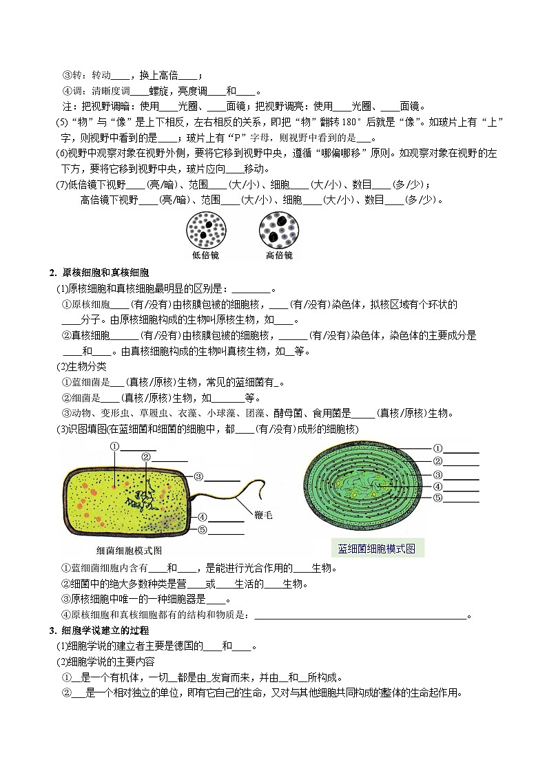 第1章 走近细胞-【必背知识】高一生物章节知识梳理（人教版必修第一册）（填空版）第2页