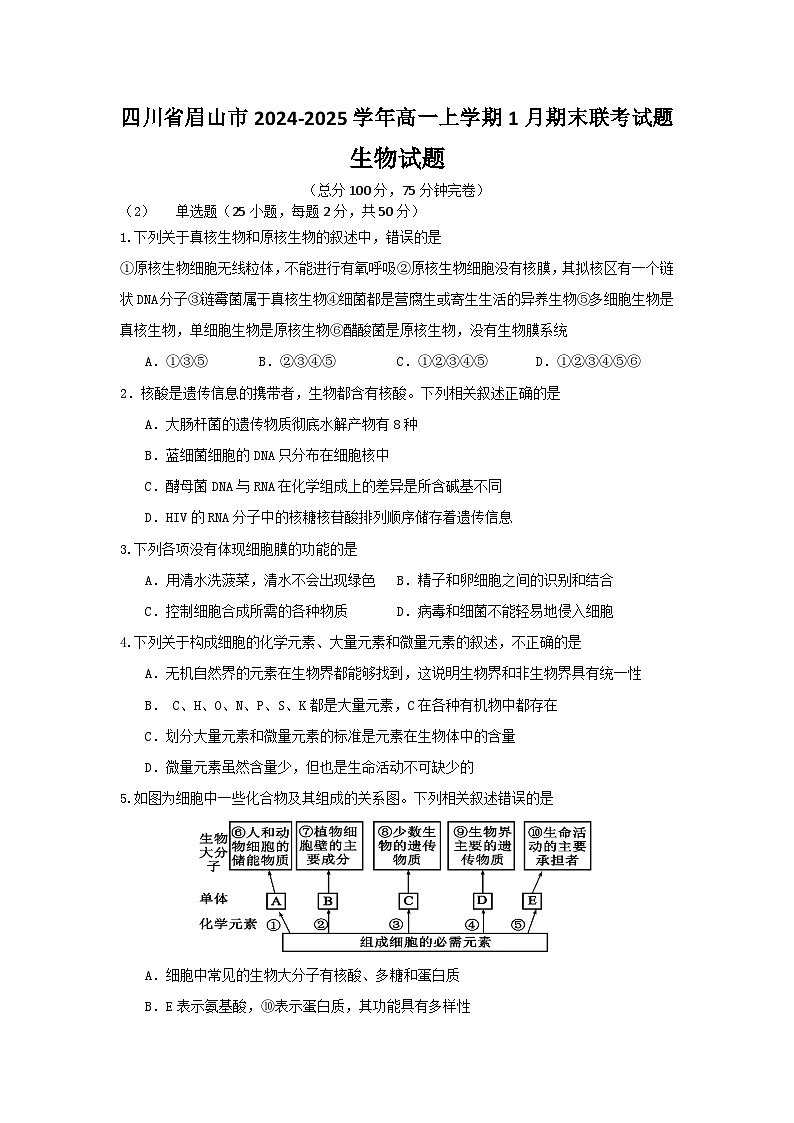 四川省眉山市2024-2025学年高一上学期1月期末联考试题 生物（有答案）第1页