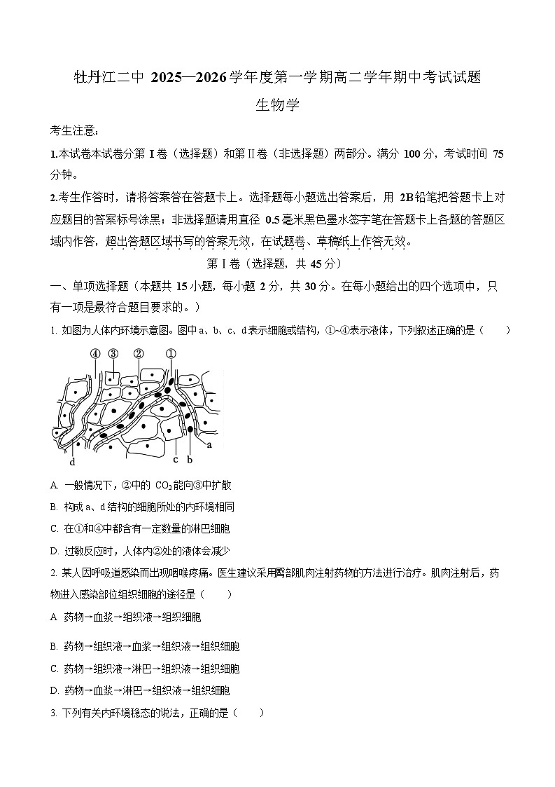 黑龙江省牡丹江市2025-2026学年高二上学期11月期中考试生物试卷第1页