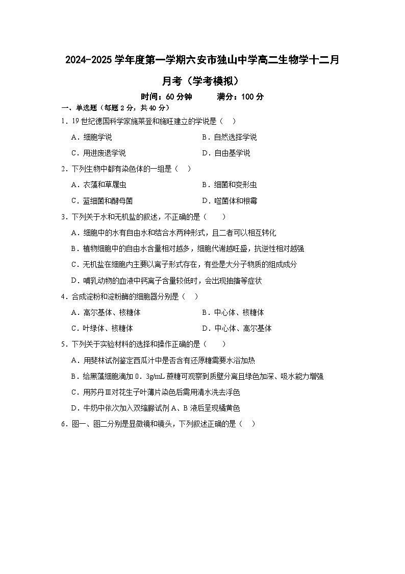 安徽省六安市裕安区六安市独山中学2024-2025学年高二上学期12月月考生物试题第1页