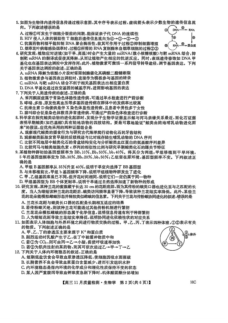 九师联盟2025-2026学年高三上学期11月考试生物试卷第2页