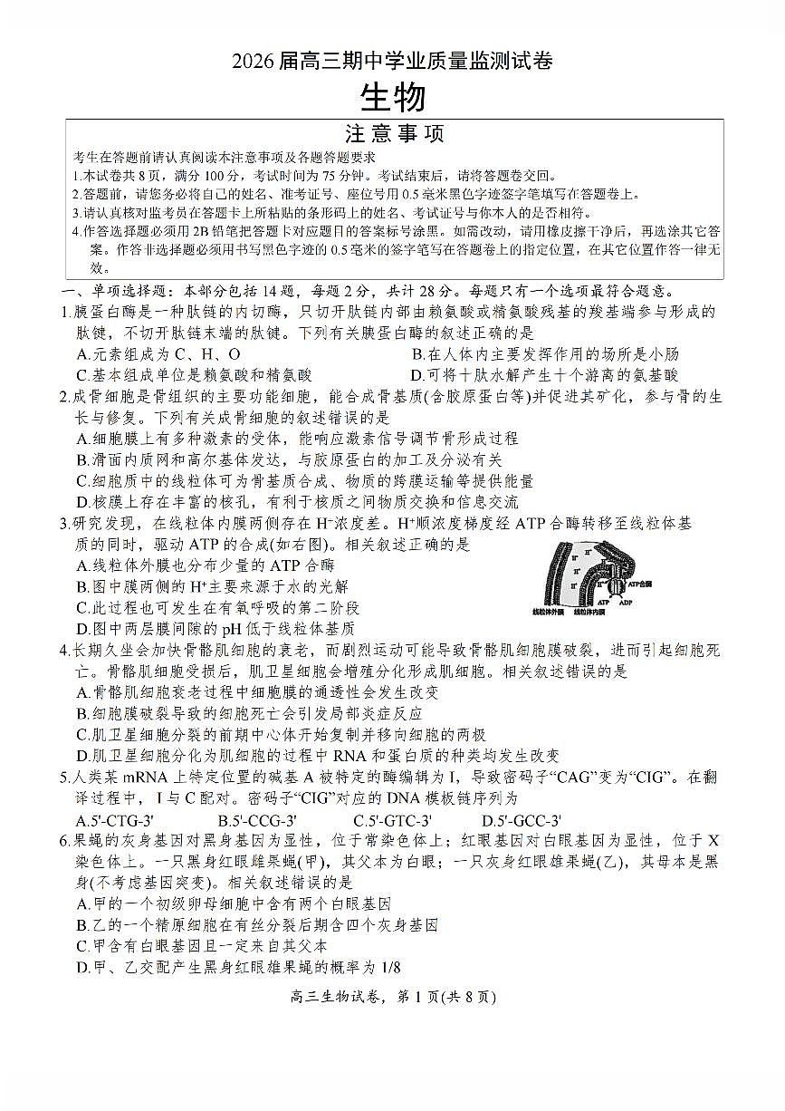 江苏省南通市海安市2026届高三年级上学期期中学业质量监测生物试卷（含答案）第1页