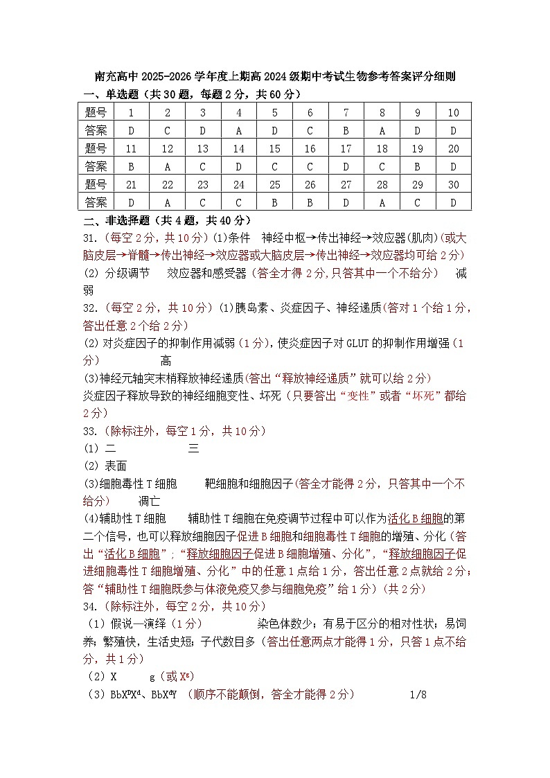 南充高中2025-2026学年度上期高2024级期中考试生物参考答案评分细则第1页
