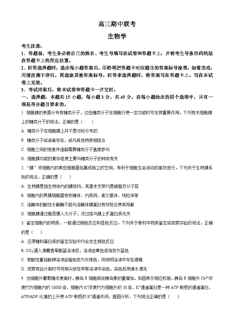 安徽省芜湖市2026届高三上学期期中联考生物试题（原卷版）第1页