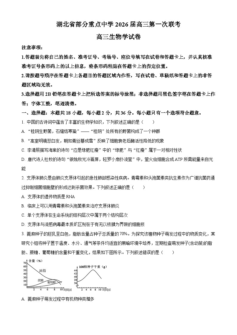 湖北省部分重点中学2025-2026学年高三期中考试生物试卷（原卷版）第1页