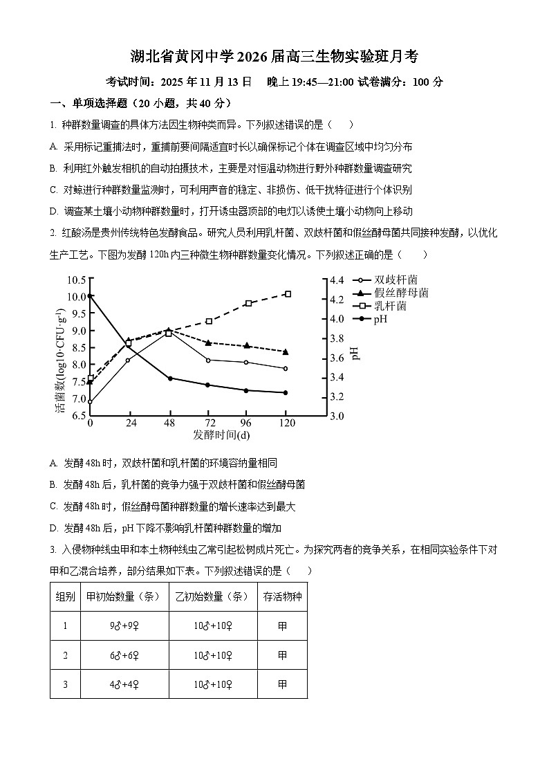 湖北省黄冈中学2026届高三上学期11月考试生物试题（实验班）（原卷版）第1页