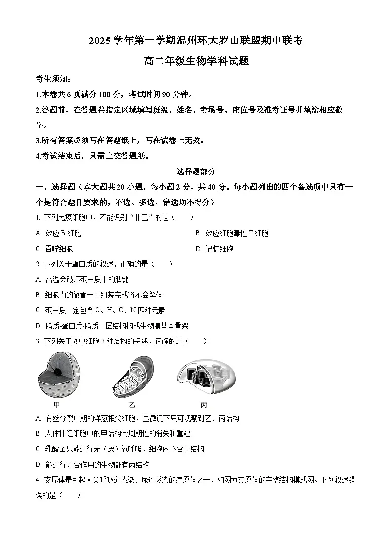 浙江省环大罗山联盟2025-2026学年高二上学期11月期中生物试题（原卷版）第1页
