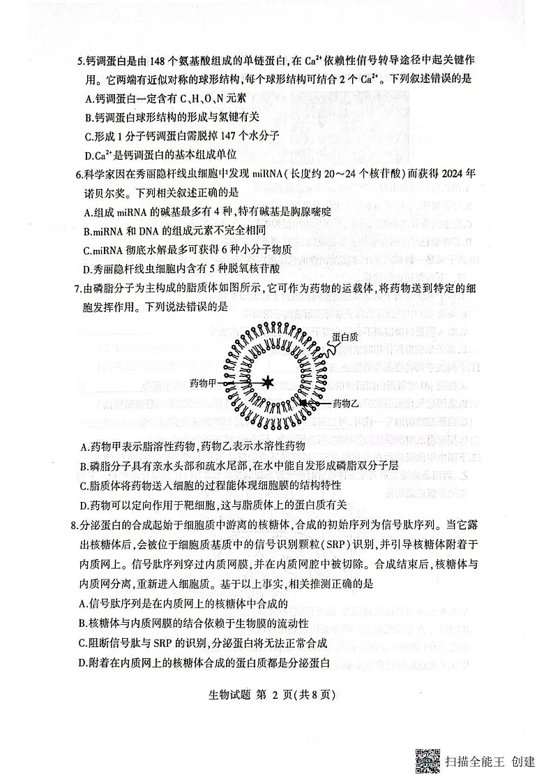 山东省临沂市2024-2025学年高一上学期期末考试生物试题第2页