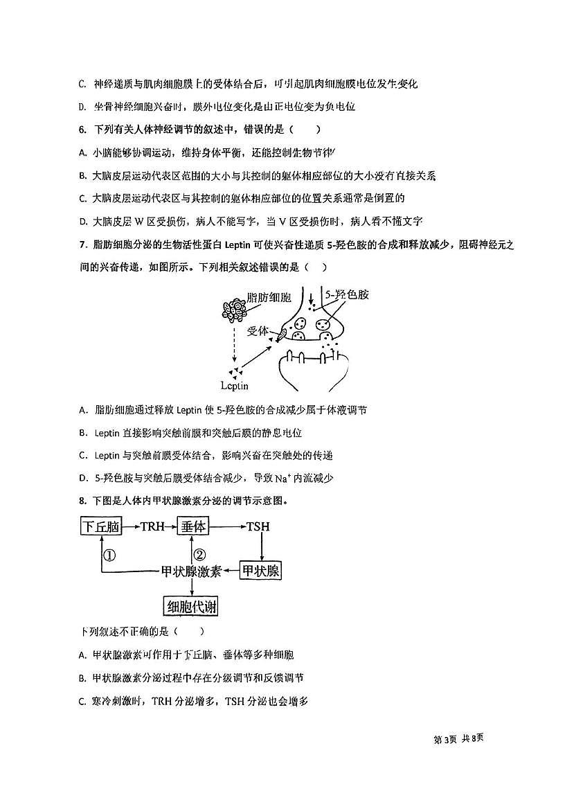 天津市第八中学2025-2026学年高二上学期第一次月考生物试卷第3页
